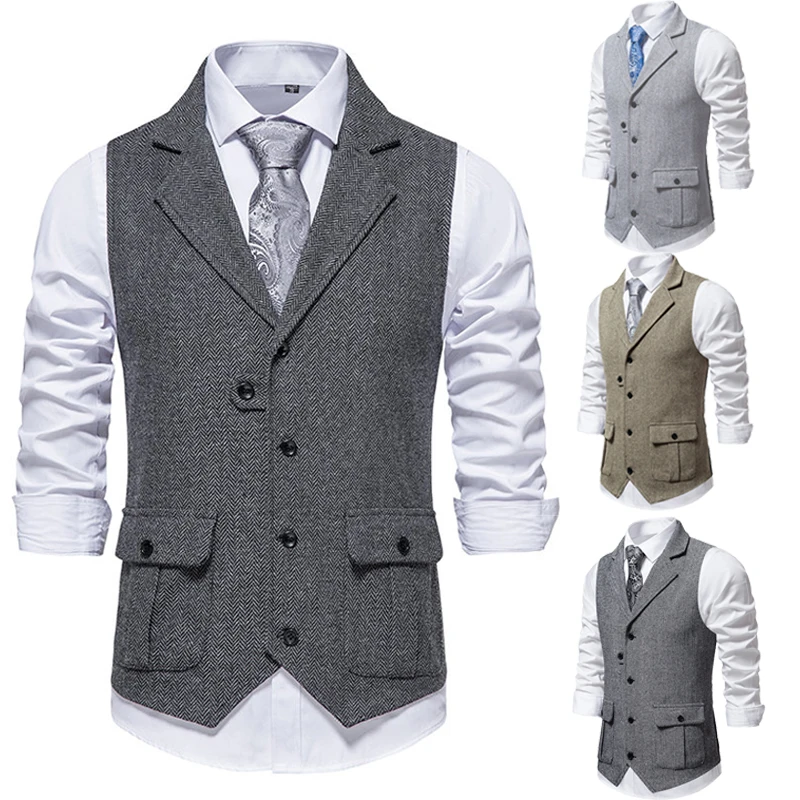 

Vinatge Casual Men's Tweed Suit Vest Fashion Herringbone Coarse Pocket Formal Vest Mens Lapel Waistcoat chalecos para hombre