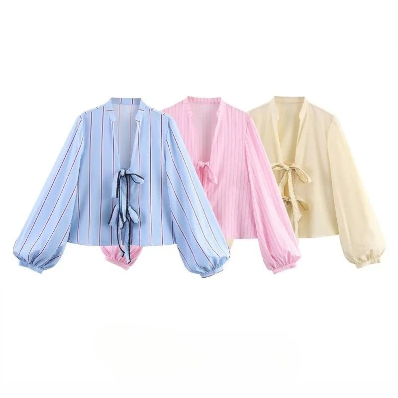 

Summer New Casual Striped Shirt Women Long Sleeve Knot Decorated 3 Color Polyester Fiber Loose Fit Female Blouses