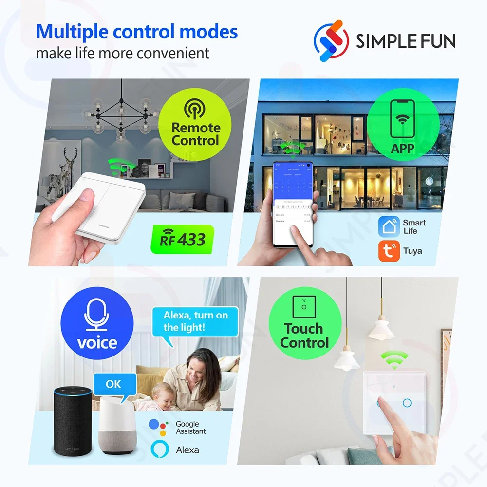 WiFi RF Light Switch Tuya Smart Touch Wall Switch 110V 220V 10A 1/2/3 Gang Timer 433MHz Remote Controller Work with Alexa Google