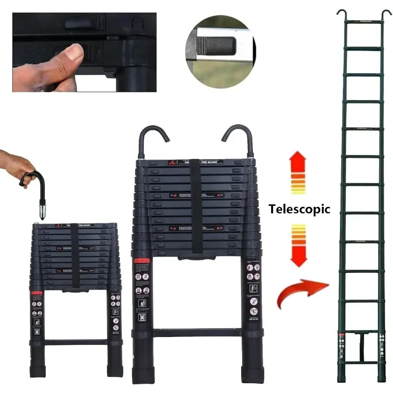 Escalera telescópica de aluminio de 12 pies con 2 ganchos de techo desmontables (2,8 pulgadas), escalera de extensión telescópica liviana para el hogar