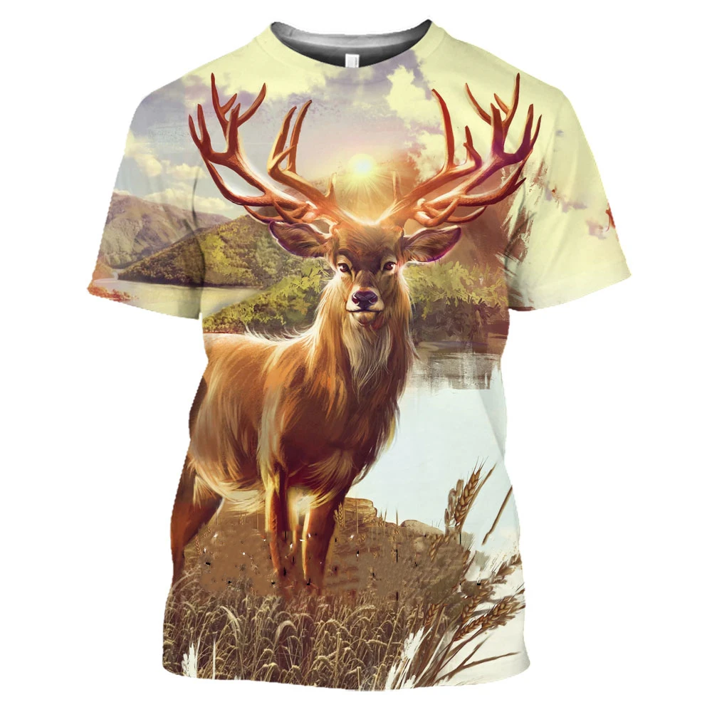 Camo caça animal cervos elk 3d camiseta masculina verão casual moda vestido de rua feminino manga curta roupas versáteis