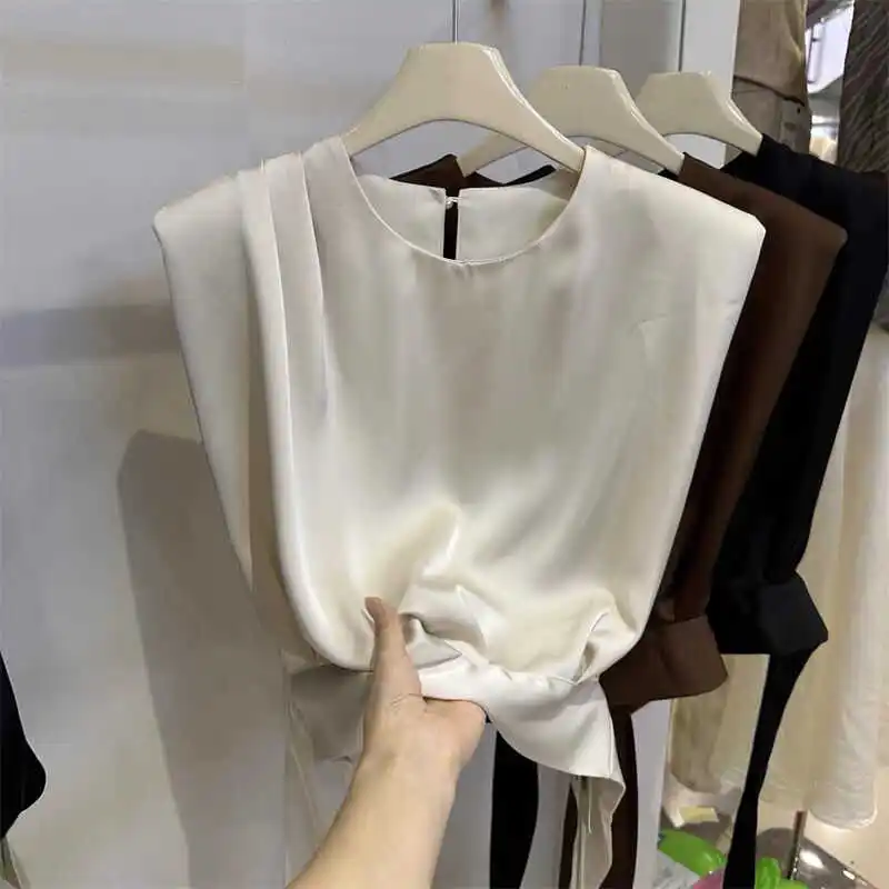 

Gentle Wind Unique Acetate Satin Svel irt Women's Summer New Waist-Cinching Slimming Vest Top Korean Sle Loose Fit