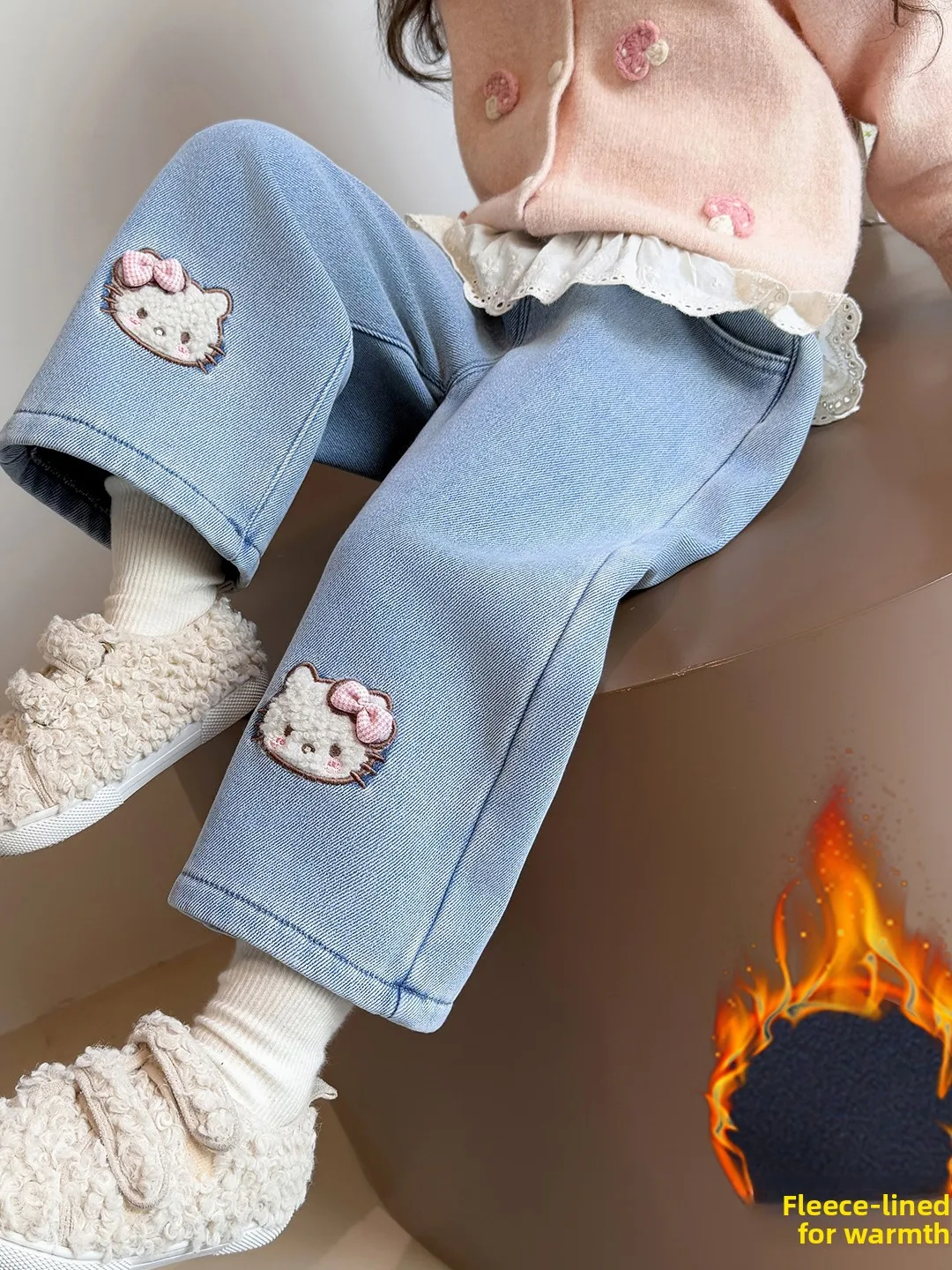 Girls Fce Lined Denim Jeans Floral Trim Inteated Fce Casual Little Girl Straight Leg Pants Winter New Sle