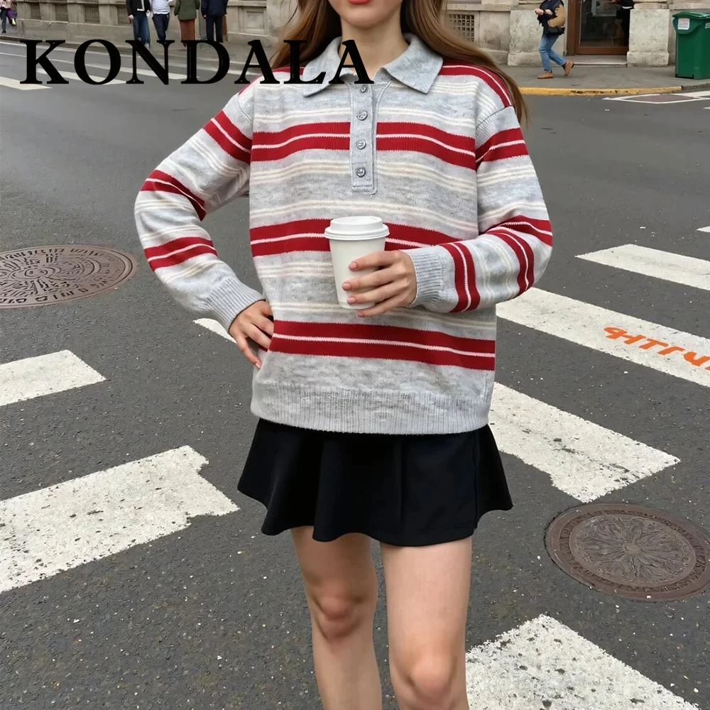 KONDALA Chic Autumn Knitted Striped 2025 Women Sweater Vintage POLO Shirt Fashion Loose Casual Buttons Female Elegant Knitwear