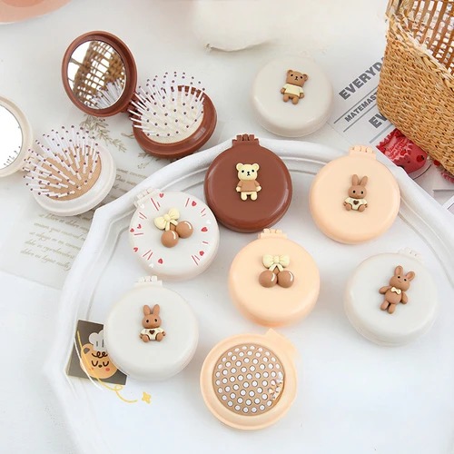 Imagen 2 del producto Peine de masaje plegable de dibujos animados con espejo de maquillaje, peine pequeño de plástico portátil de viaje, cepillo de pelo para niña, cojín de aire, peine de peinado