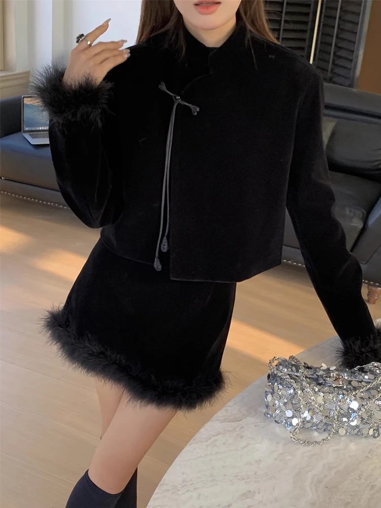 

Faionable Velvet Set Women's New Chinese Sle National Trend Slimming Splicing ort Coat High Waist f-length Skirt Two...