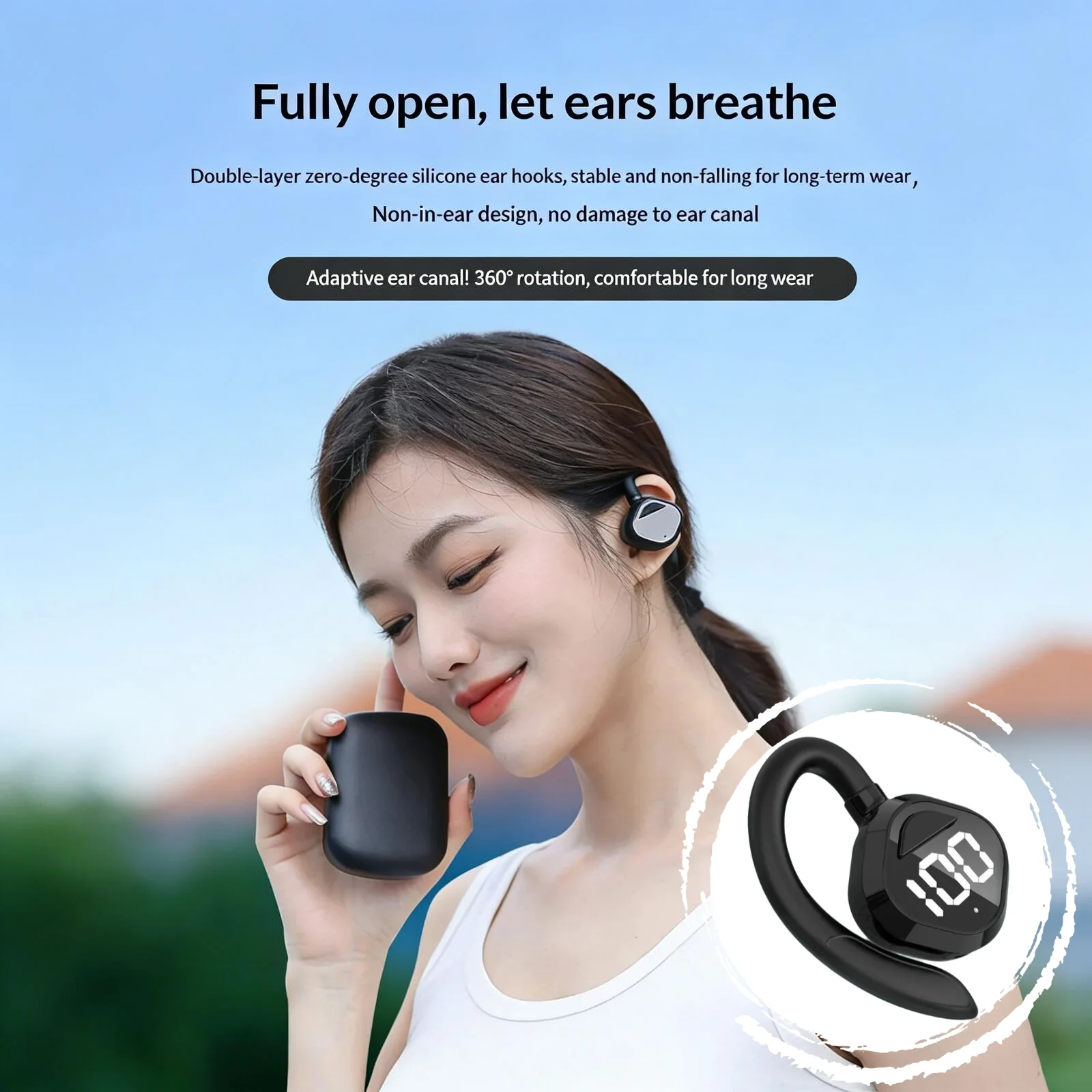 

Air Conduction Single Ear Bluetooth Earphone 360° Rotation IPX5 Waterproof Long Battery Life LED Power Display for Sport Music