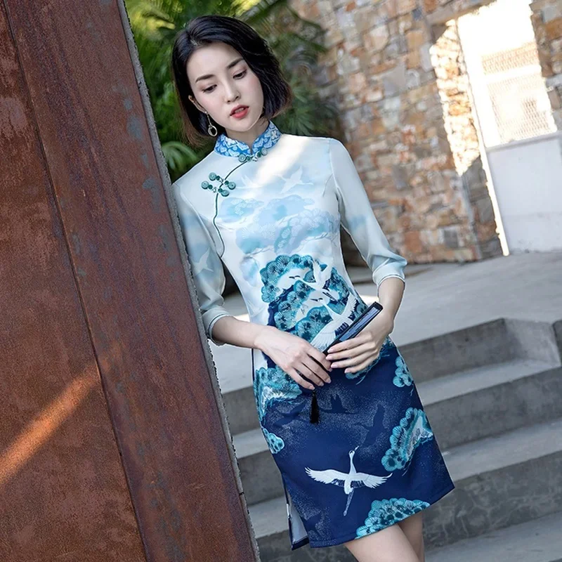 Modern Chinese Cheongsam Qipao Women Three Quarter Sleeve Sexy Oriental Dress Chinese Style Japanese Cheongsam Dress FF2219