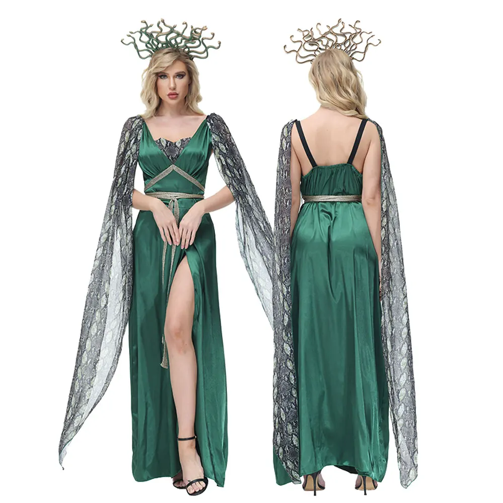 

Halloween Myth Medusa Gorgon Cosplay Costume Serpentine Print Slit Dress for Women Witch Green Dress Headwear Cape Tulle