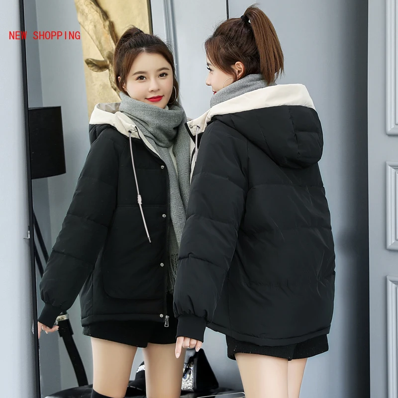 

Winter Thick Hooded Jackets Short Women Fashion Korean Style Warm Parka Oversized Loose Female Coats Outwear Manteau Femme