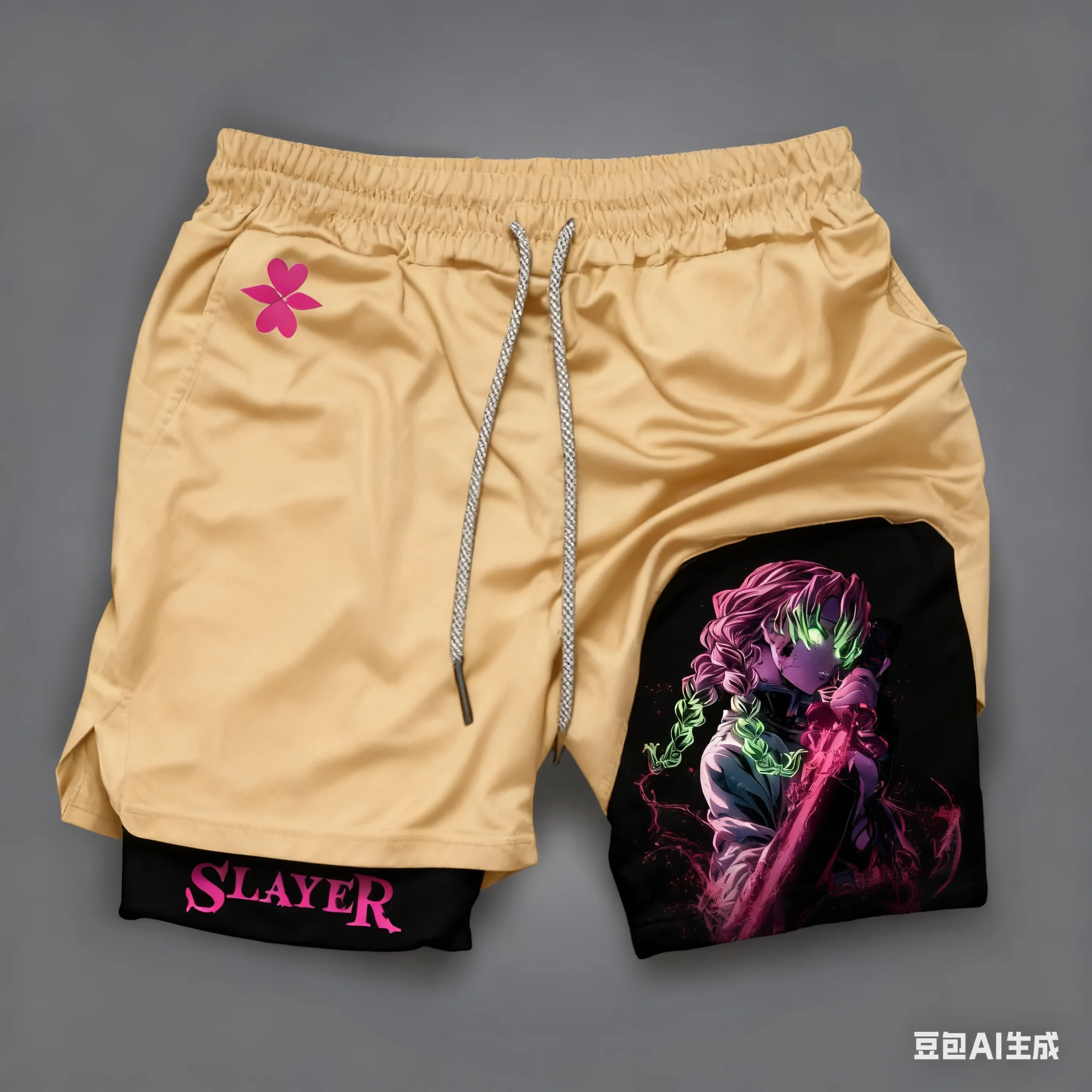 鬼滅の刃の人気キャラクタープリントの二重層Y2Kスタイルのメンズビーチパンツは非常に目を引く