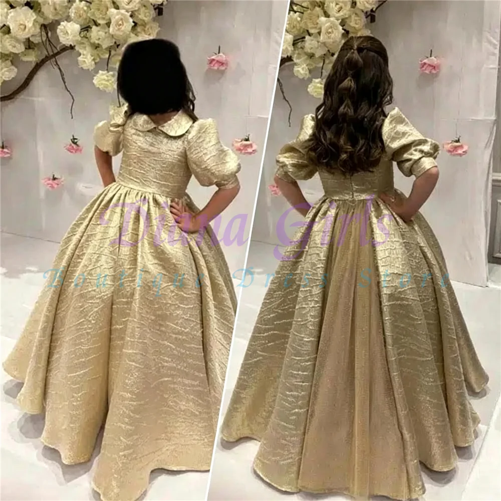 Quality Little Princess Flower Girl Dress for Wedding Girls High Waist Ball Gown with Peter Pan Collar Puff Sleeves Party Dress