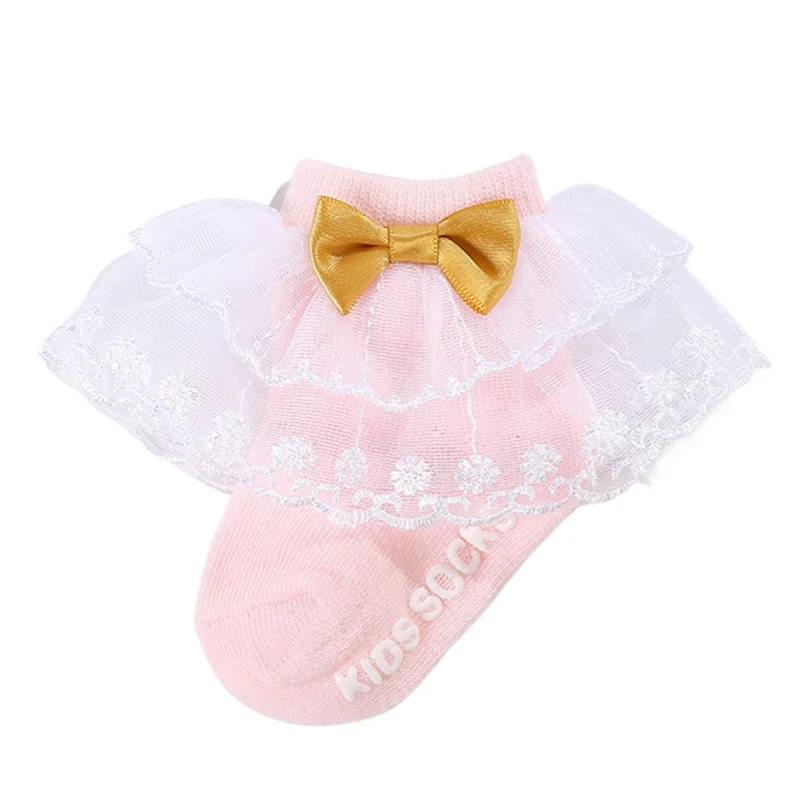 Baby Girls Socks Cute Sweet Lace Patchwork Bow Socks Letters Soft Lightweight Non-slip Socks