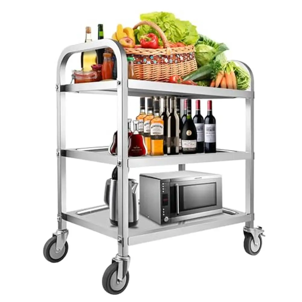 

3-Tier Rolling Kitchen Cart Stainless Steel Multifunction Storage Organizer Mobile Shelves Load Capacity 300 lbs Compact Design