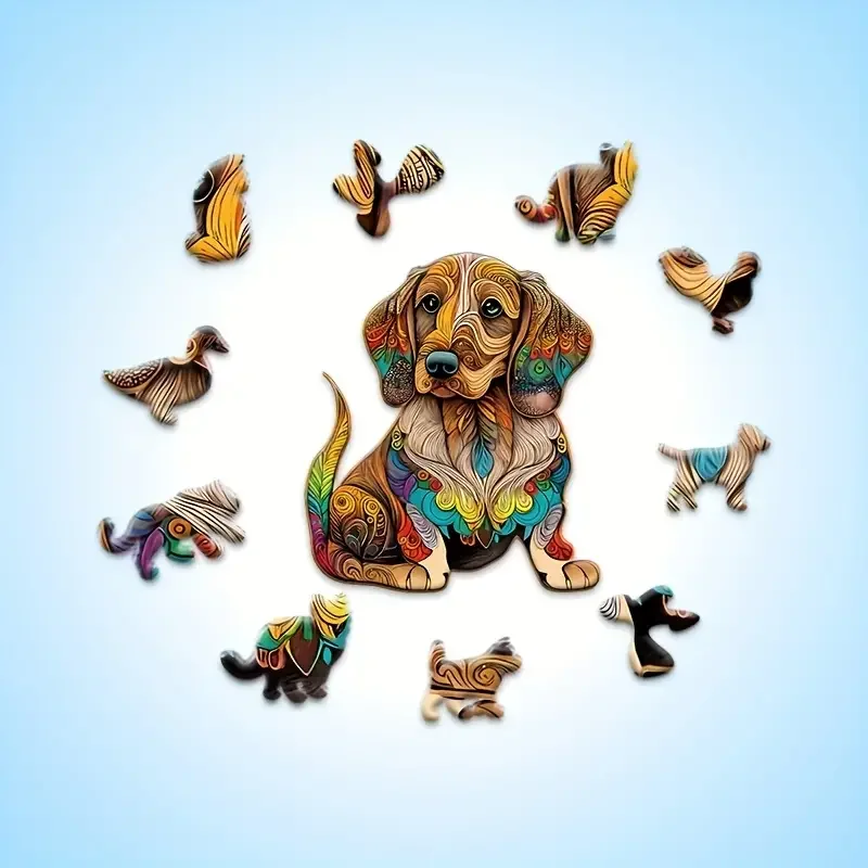 Colourful Dog Wooden Puzzle for Adults Kids, Animal Shaped Pieces Jigsaw Puzzles Toys, Christmas Gift Home Decor Family Game