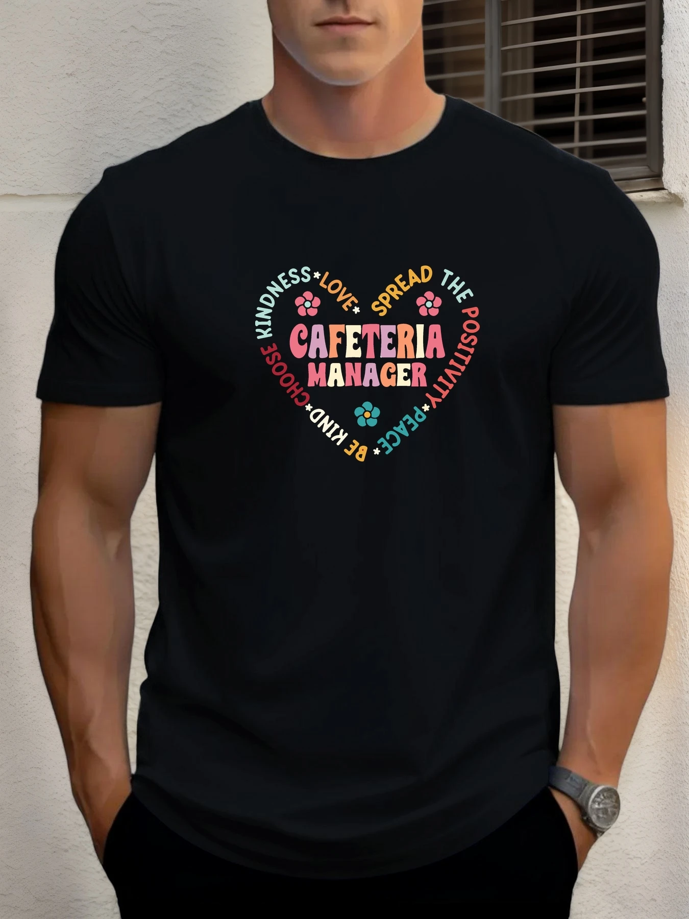 

Men's cotton T-shirt, summer round neck short sleeves, cafeteria manager printed breathable streetwear fashion cool T-shirt