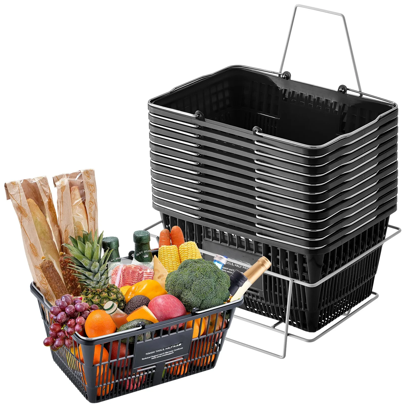 

12PCS Shopping Basket 21L with Metal Handle & Stand Portable Plastic Shop Grocery Basket for Store Supermarket Grocery