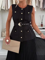 Ladies Sets Two Pieces Office Clothing, Maxi Shirts Sleeveless Buttons Coat Sets, Women Spring Summer Slim Fit Lace-Up Outfits