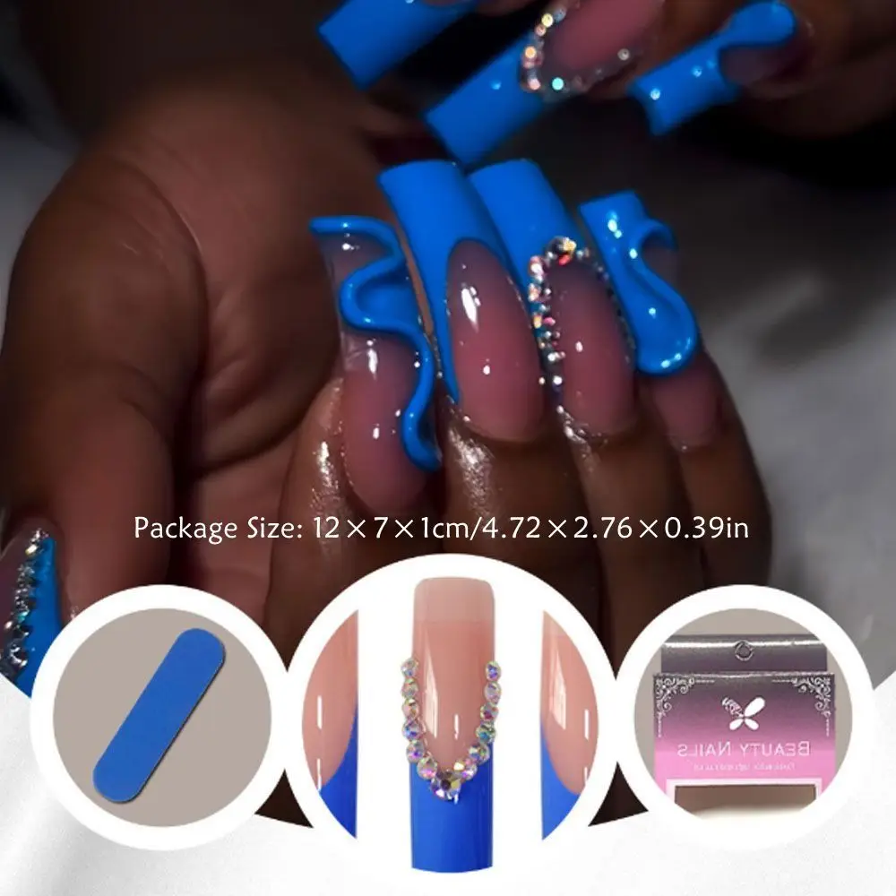 사용하기 쉬운 엑스트라 롱 곡선 인조 손톱 Bowknot 디자인 네일 아트 블루 가짜 손톱 네일 용품 매니큐어 도구