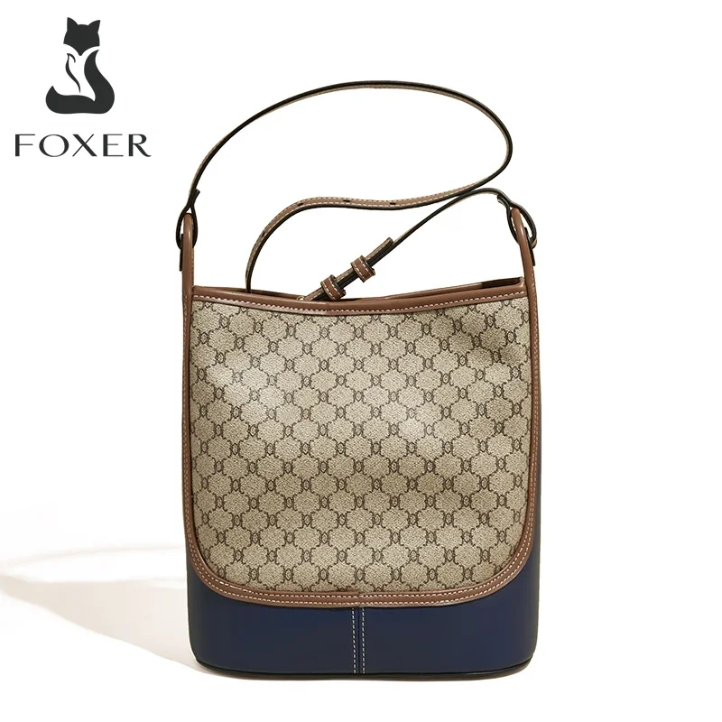 FOXER Lady Fashion Retro Shoulder Bag Large Capacity Office Women Commuter Bag Female PU Leather Adjustable Strap Crossbody Bags