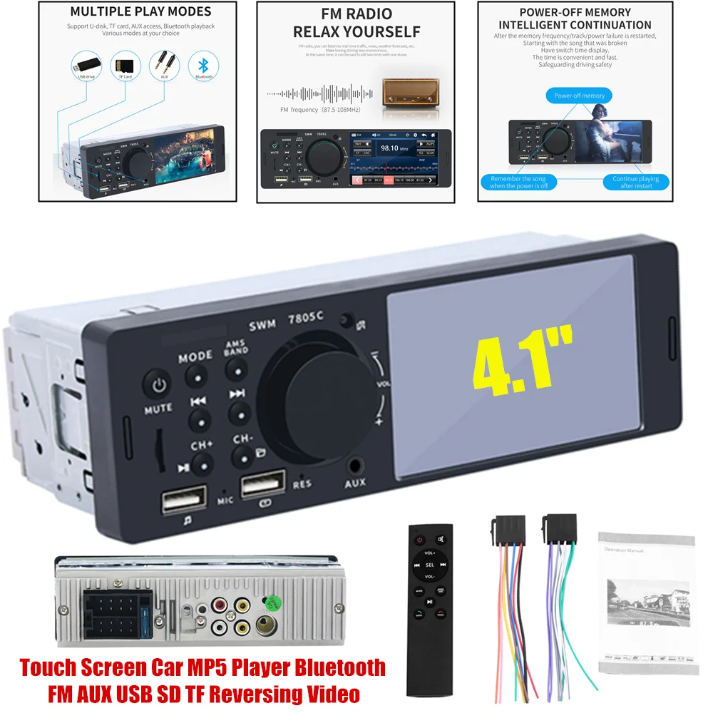 4.1” Touch Screen Car Radio 1 Din Bluetooth Music Handsfree MP5 Player TF USB Charging Remote Audio System ISO Head Unit 7805C