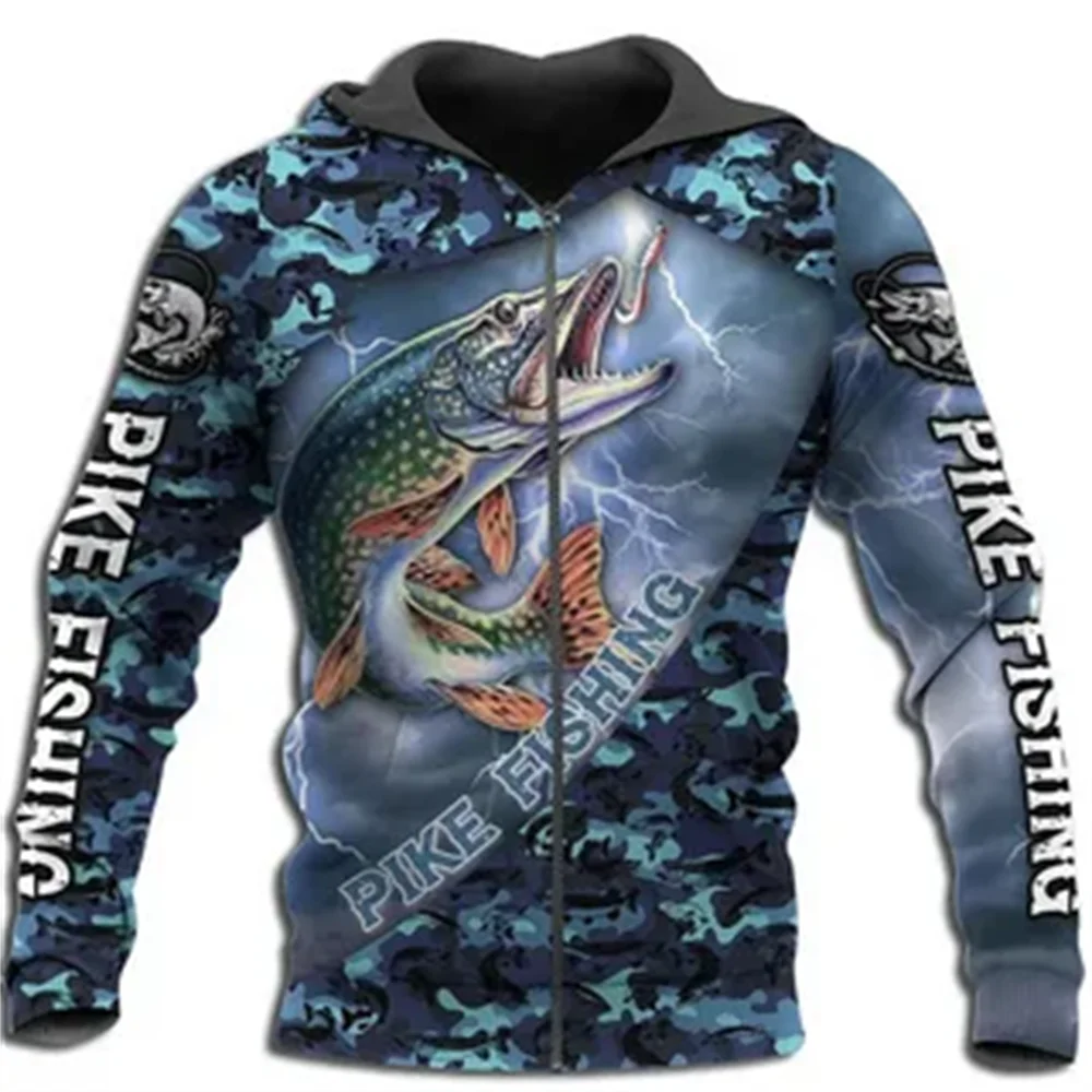 Men Zip Up Hoodie Carp Fishing Graphic Clothing Sweatshirt Casual Oversize Hoodies 3D Walleye Pike Fly Fish Printed Hooded Tops