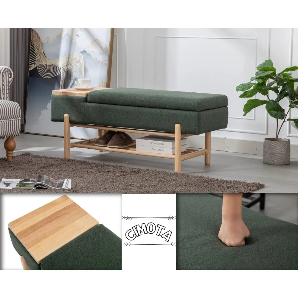 Upholstered Storage Ottoman Bench - Bedroom/Living Room Multi-Functional Seat with Shoe Storage & Wood Legs, Coffee Table