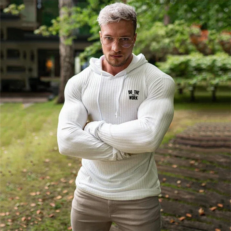 Men's Bodybuilding Long Sleeve Hooded Sweaters Autumn Pullovers T Shirt Simple Rinning Slim Cool Loose Male Sporting  Shirts