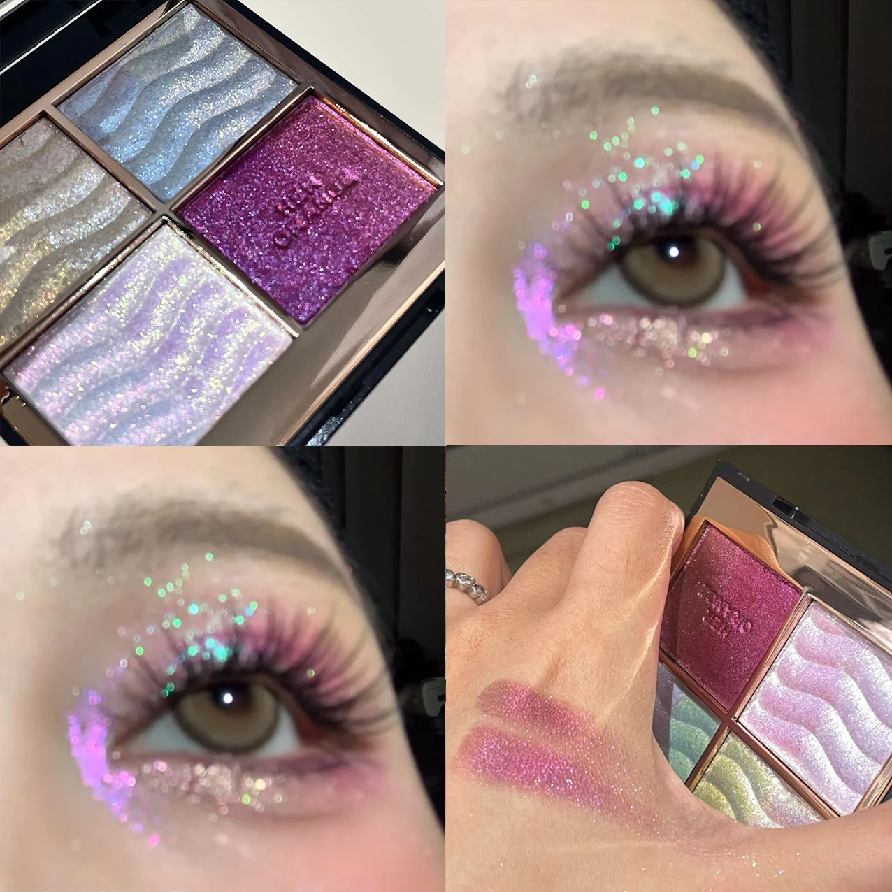 4 色メタリックカメレオンパープルアイシャドウパレットシャインハイライターフェイスボディブライトングリッターマルチクロームアイシャドウメイクアップ