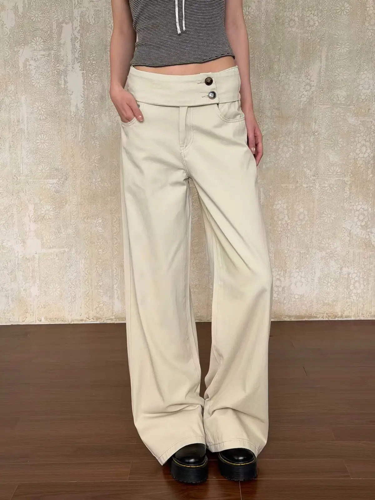Double Button High Waist Straight Wide Leg Pants Women 2026 Autumn Lightweight Loose Draped Slim Casual Trousers