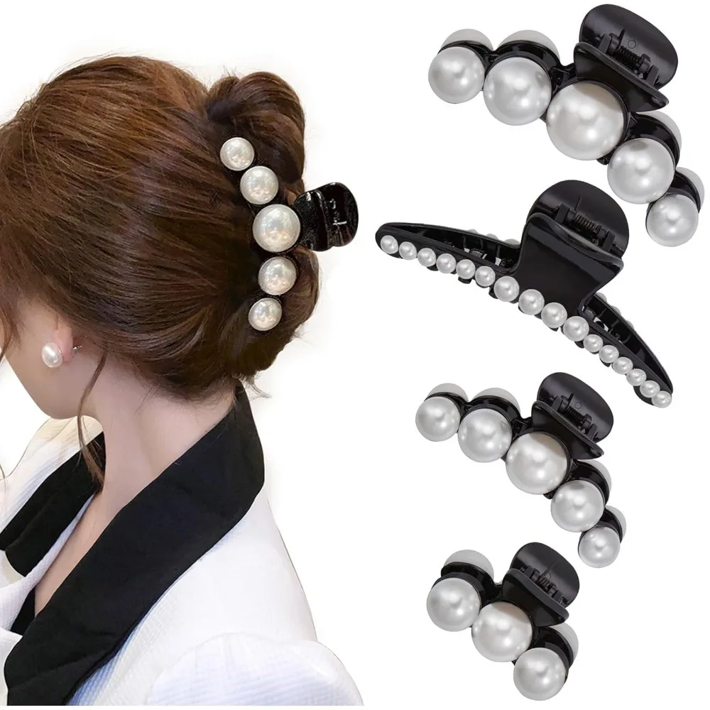

4 PCS Large Black Pearl Hair Claw Clips Fashion Barrette Clamps Styling Tools for Thick Thin Hair Women Girls Party Wedding