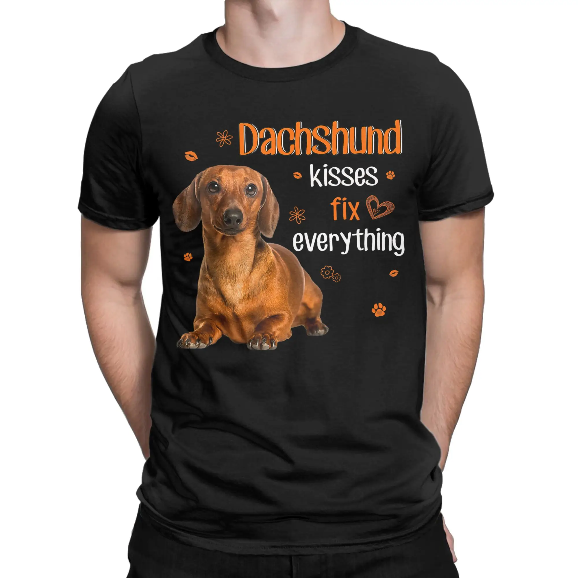 Dachshund Kiss Fix Everything T-Shirts Men  Vintage 100% Cotton Tees Round Collar Short Sleeve T Shirt Big Size Clothes