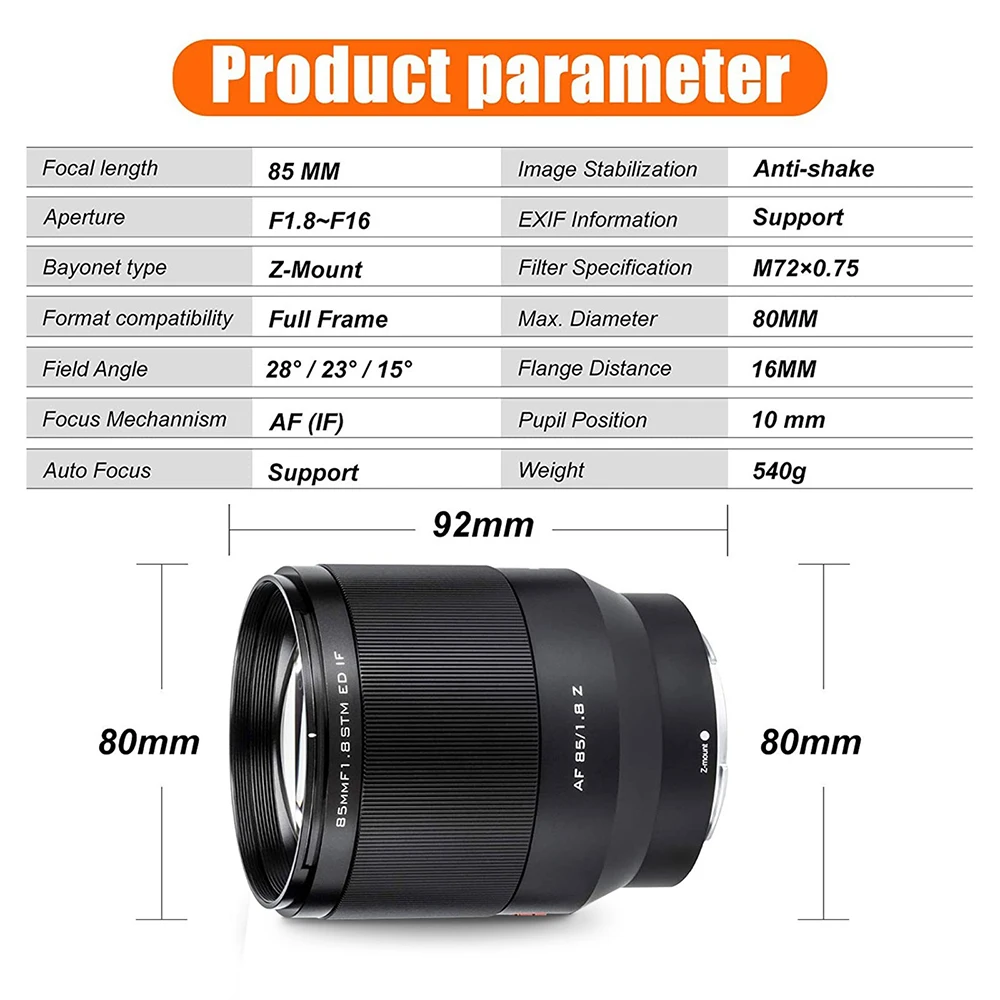 VILTROX 85mm F1.8 STM Sony Lens Full Frame Auto Focus Portrait Lens for Sony E mount Lens Fujifilm XF Nikon Z mount Camera Lens