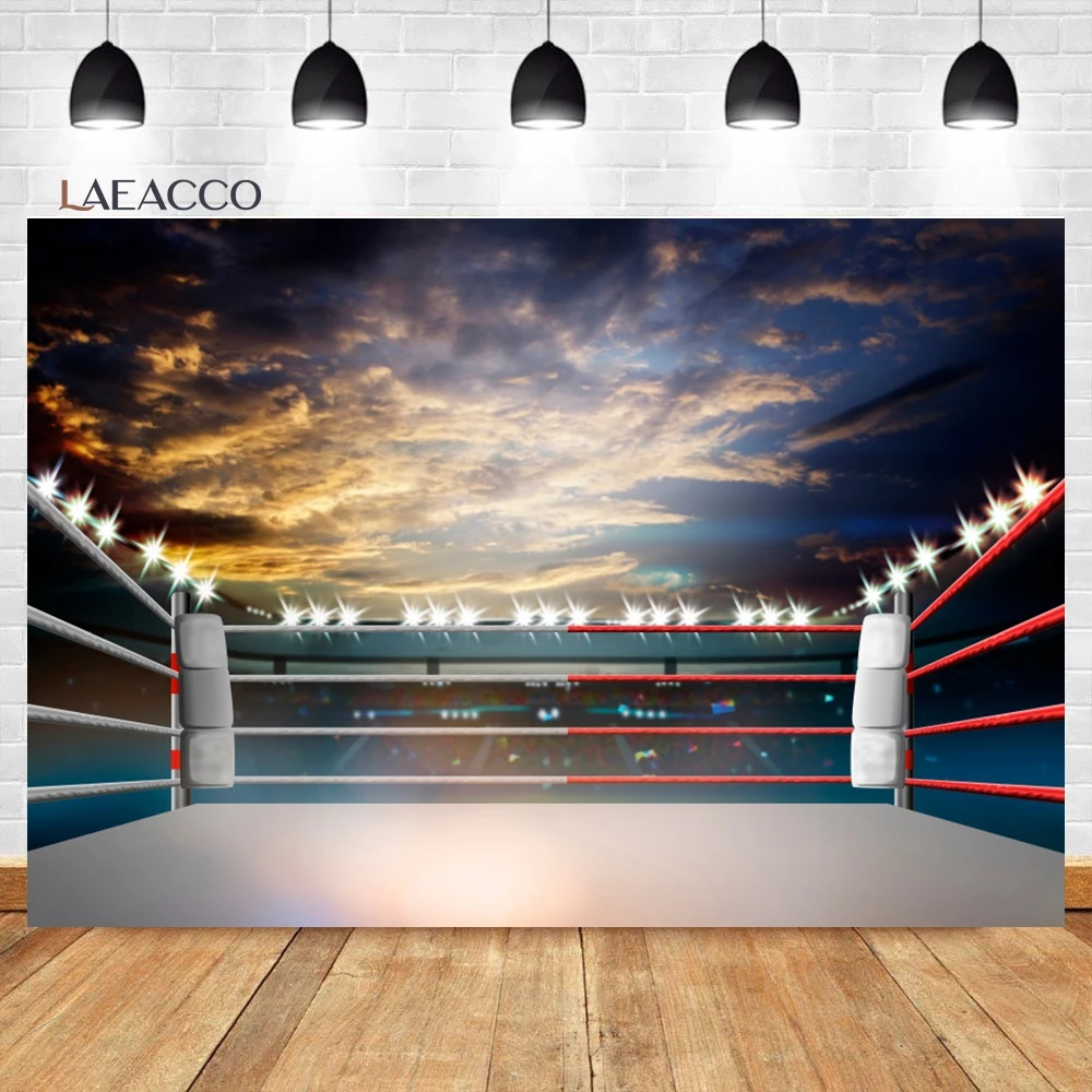 Laeacco Stadium Lighting 3D Professional Boxing Arena Background Sports Match Blur Spectator Męskie tło do fotografii portretowej