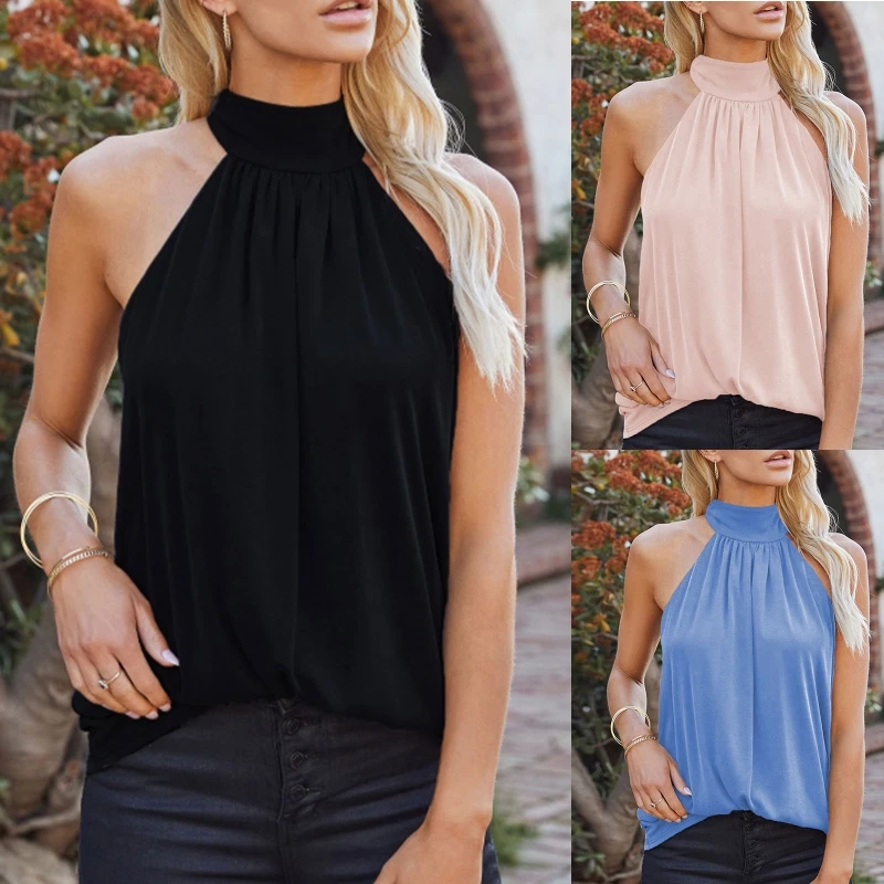 Women Sleeveless Self Tie Halter Collar Tank Top Sexy Off Shoulder Pleated Front Blouse Simple Solid Color Loose Vest