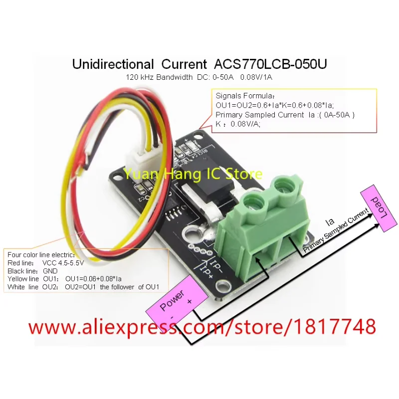 DC current sensor module acs770lcb-050u  acs770lcb 050U acs770 120 kHz bandwidth  DC: 0-50A   0.08V/1A