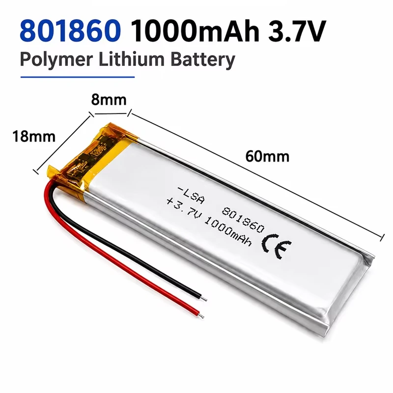 Akumulator litowo-polimerowy 1000mAh 3.7V 801860 do wielokrotnego ładowania, przeznaczony do skanerów, inteligentnych urządzeń noszonych, głośników Bluetooth, oświetlenia LED, zabawek elektronicznych.