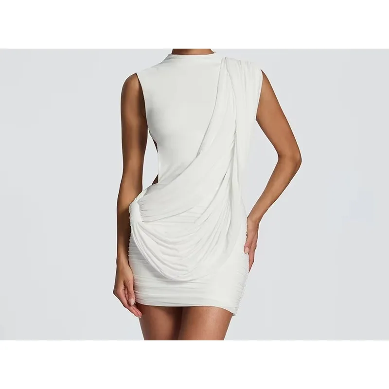 Summer New Women's Fashion Dating Solid Color Sleeveless Irregular Ribbon Exposed Backpack Buttocks Sexy Dress for Women