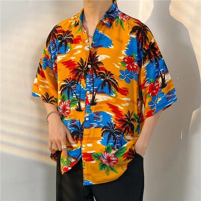 【26 Colors】 Hawaiian Beach Shirt-Animal Print 3/4 Sleeve-Cotton- Men\'s and Women\'s Seaside Tour Casual Vacation Flower Shirt