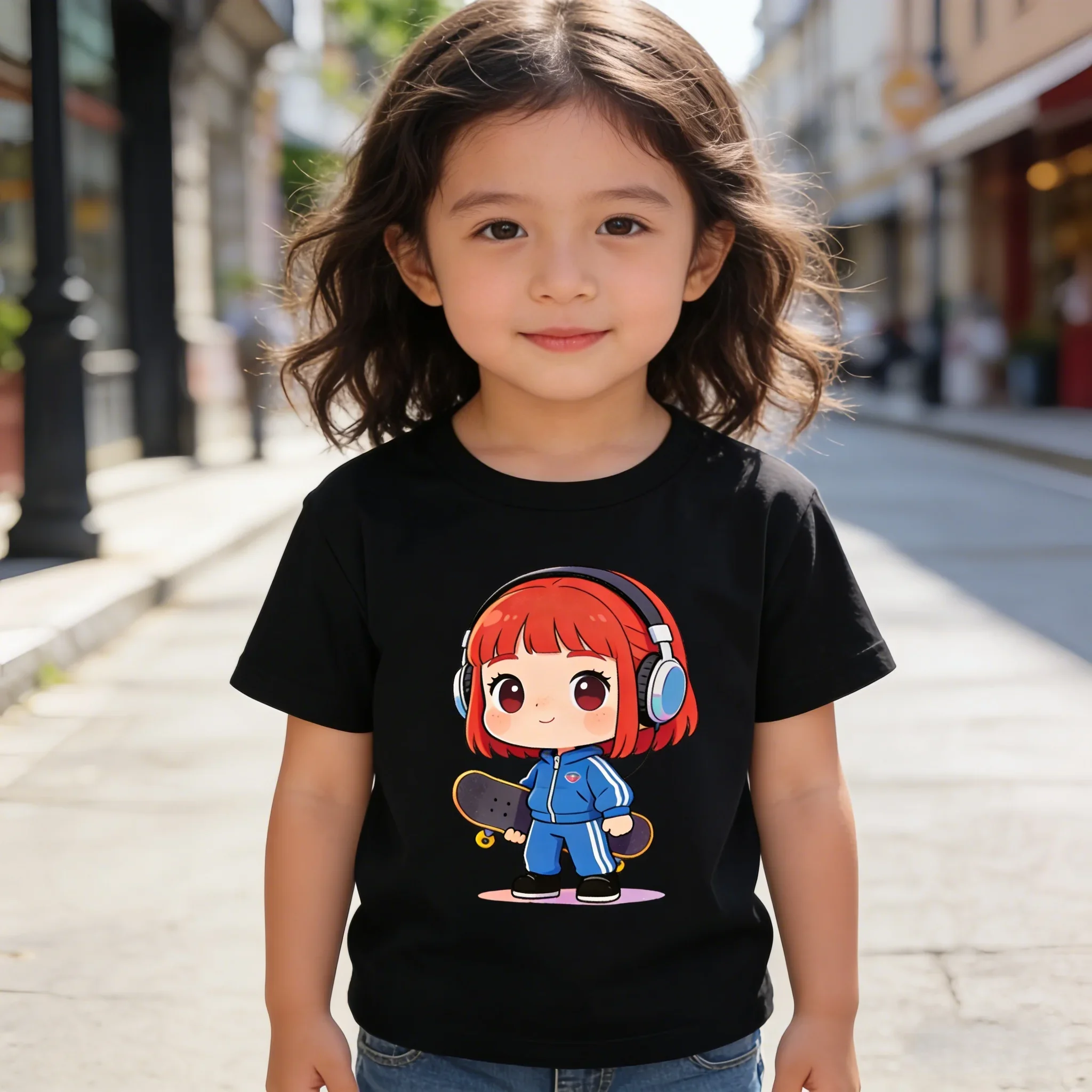 Chibi Cartoon Max Cute Print Round Neck Cotton T-Shirt Machine Washable for Play Casual Fashion Sports Outdoor Daily Wear