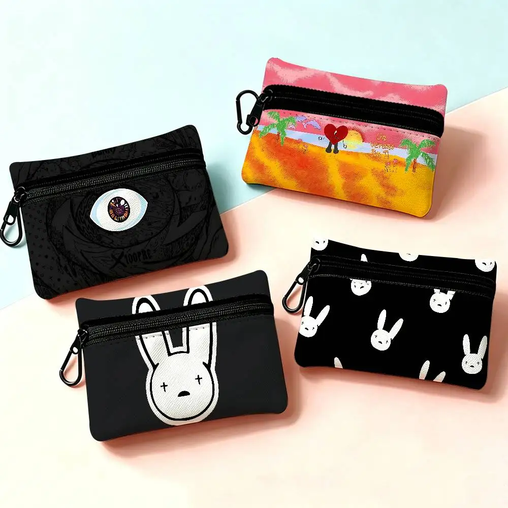 Global Reggaeton Star B-Bad Bunnys Mini Hanging Oxford Cloth Coin Bag Durable Zipper Key Card Pouch With Carabiner