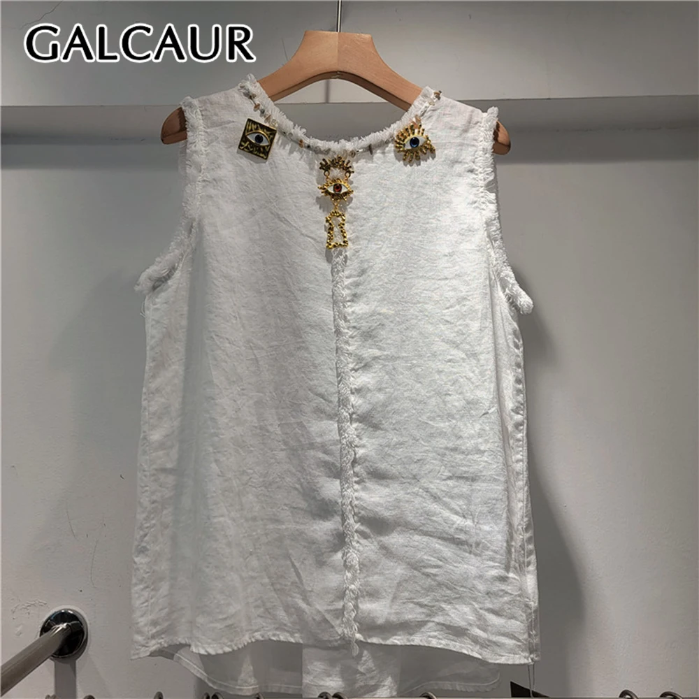 

GALCAUR Solid Loose Spliced Tassel Blouse for Women Round Neck Sleeveless Patchwork Buttons Minimalism Top Female Fashion New