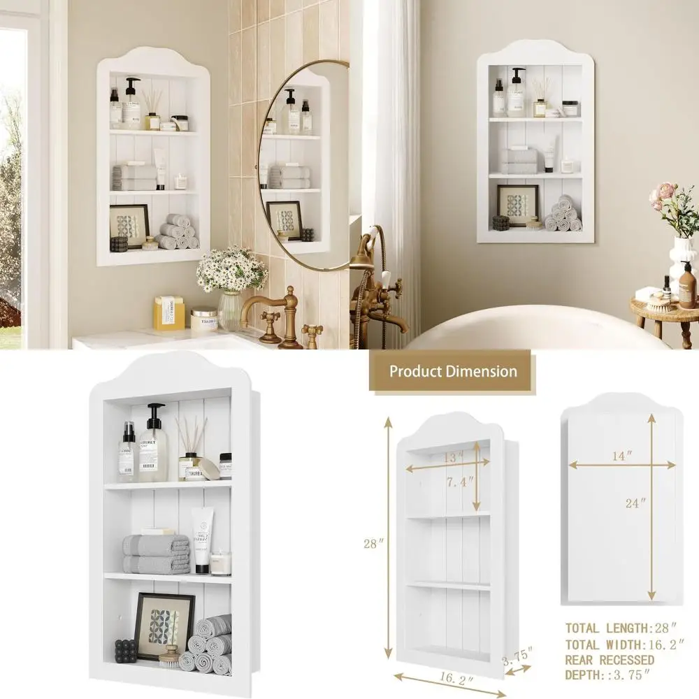 Armário de remédios embutido na parede 12 x 24, prateleira de banheiro de madeira maciça de 3 camadas, branco