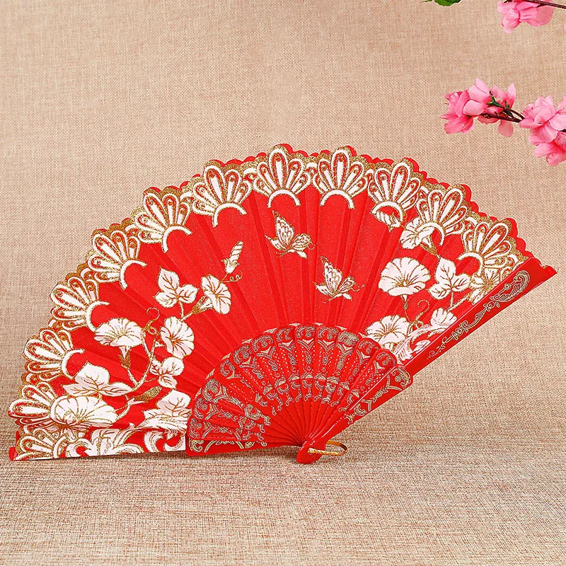 Chinese Style Retro Folding Fan Wedding Fan Craft Art Gifts Lady Dance Hand Fan Vintage Flower Butterfly Print Hand Held Fan