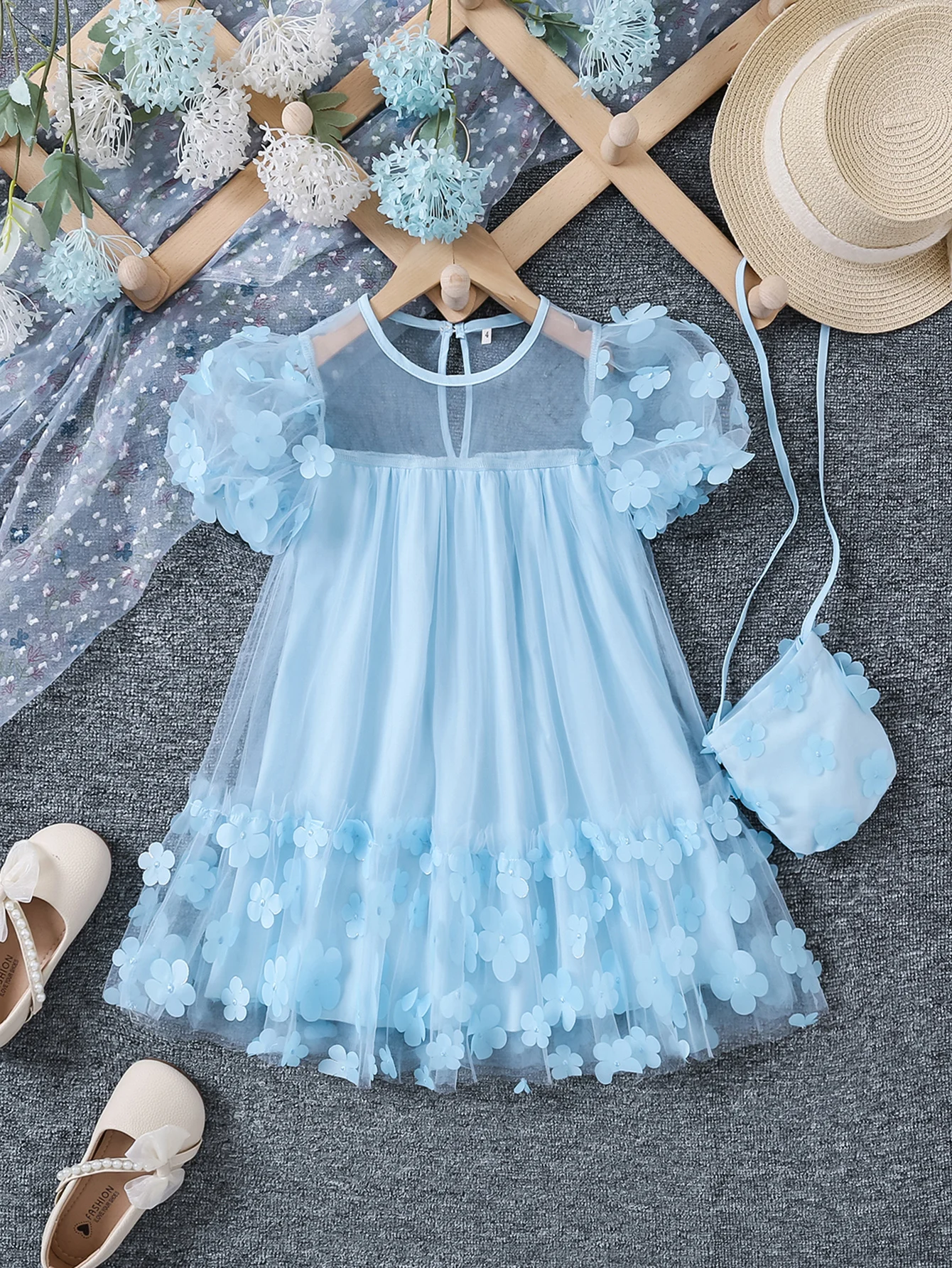 Girls Summer Mesh Splicing Three-dimensional Flower Fashion Princess Dress with Crossbody Bag Dress