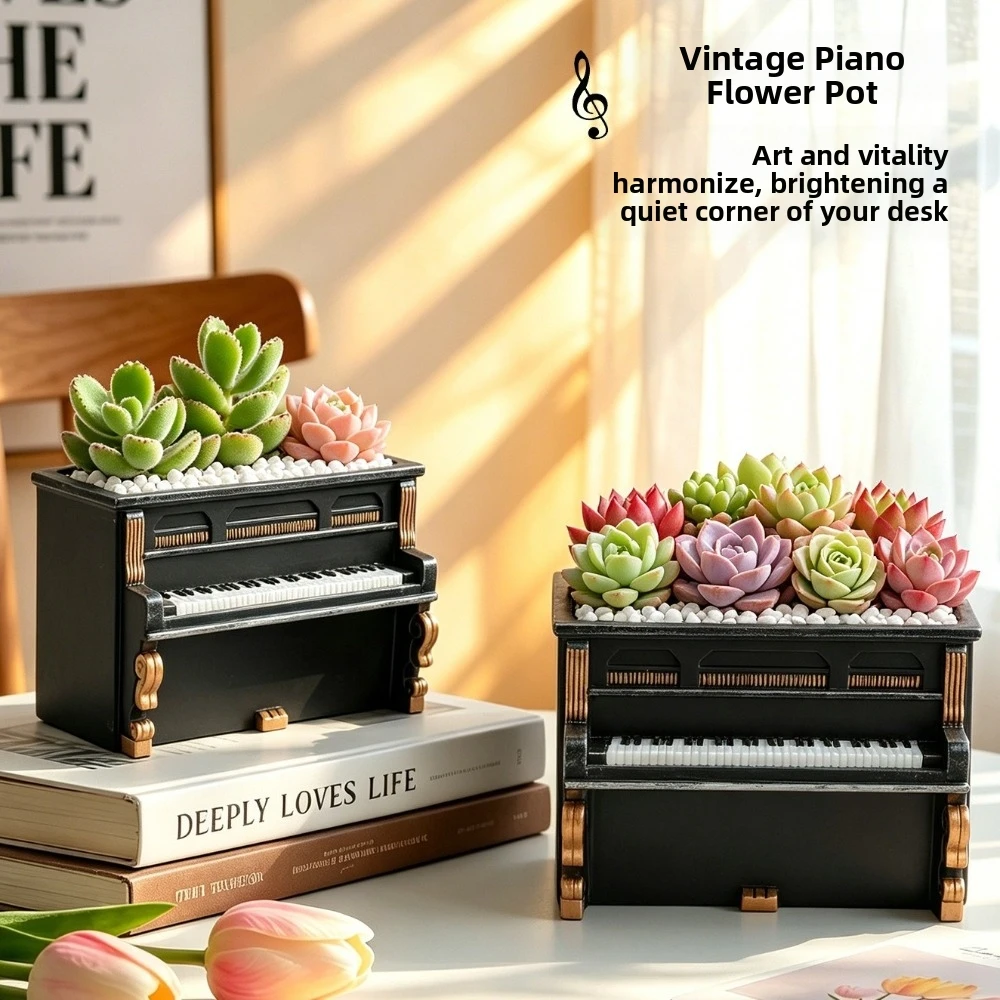 Miniature Art Retro Style Piano Flower Pot Gold Trim Decorative Piano Shaped Pen Holder Unique Piano Ornament Home Decor
