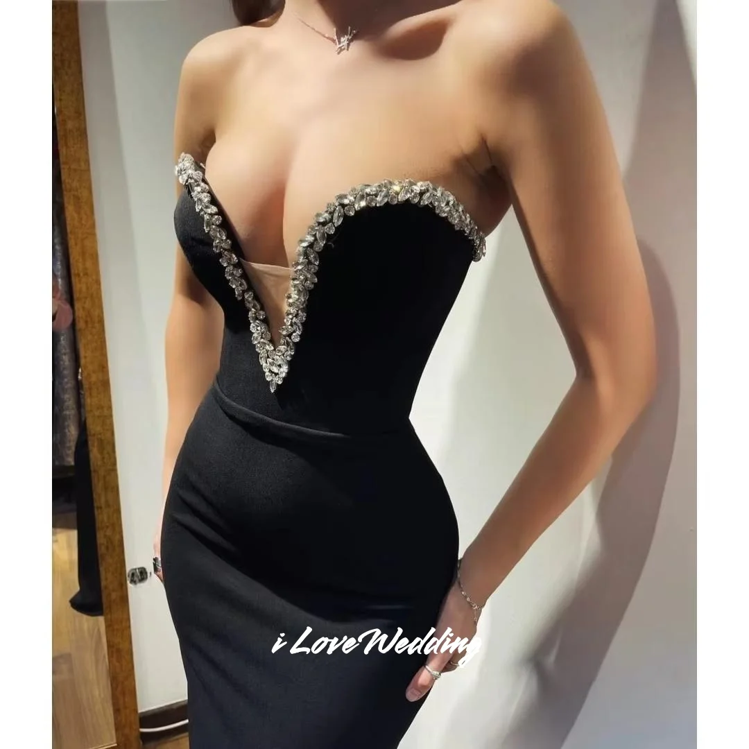 

Black V-Neck Evening Dresses 2025 Sleeveless Crystal Mermaid Backless Floor-Length Sexy Pleated Wedding Party Dresses Customized