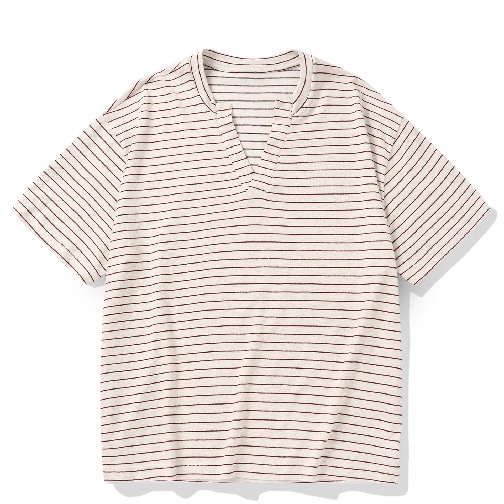 Retro Striped V-neck Short Sleeved T-shirt, Loose Half Sleeved T-shirt