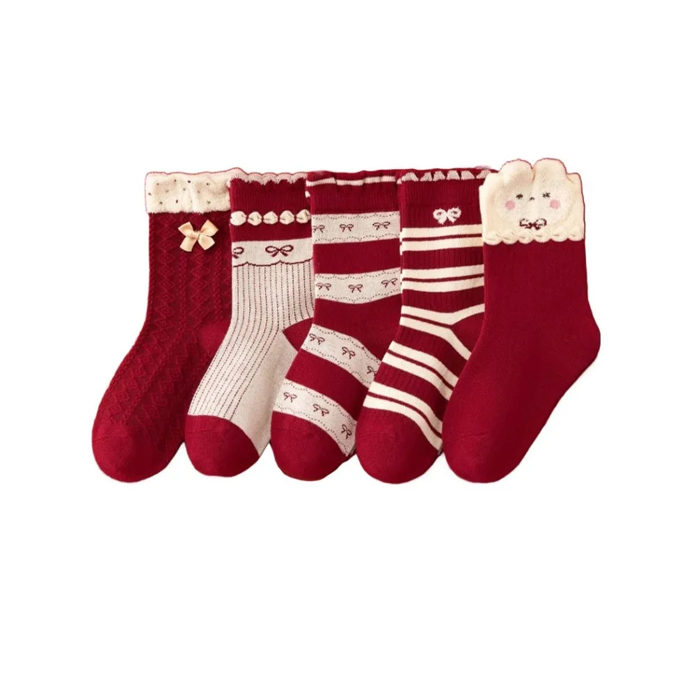 

5Pairs Fashion Bowknot Children New Year Socks Chinese Style Stripe Cartoon Red Socks Good Luck Kids Hosiery Gifts