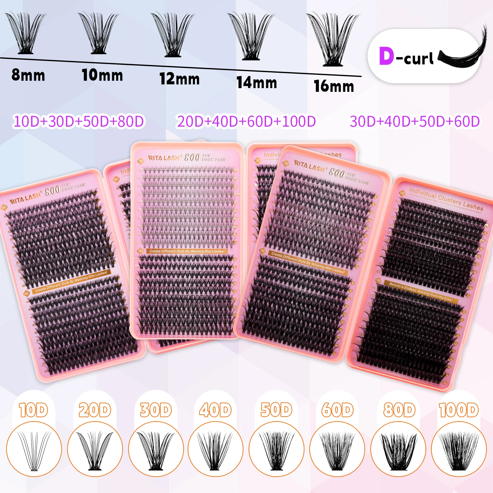 RITALASH 800PCS Cluster Lash book DIY Eyelash Extensions D Curl Long Individual Lashes Mixed Tray Lash Clusters Extensions